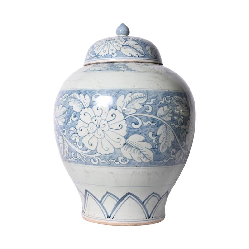 Blue And White Lidded Peony Jar
