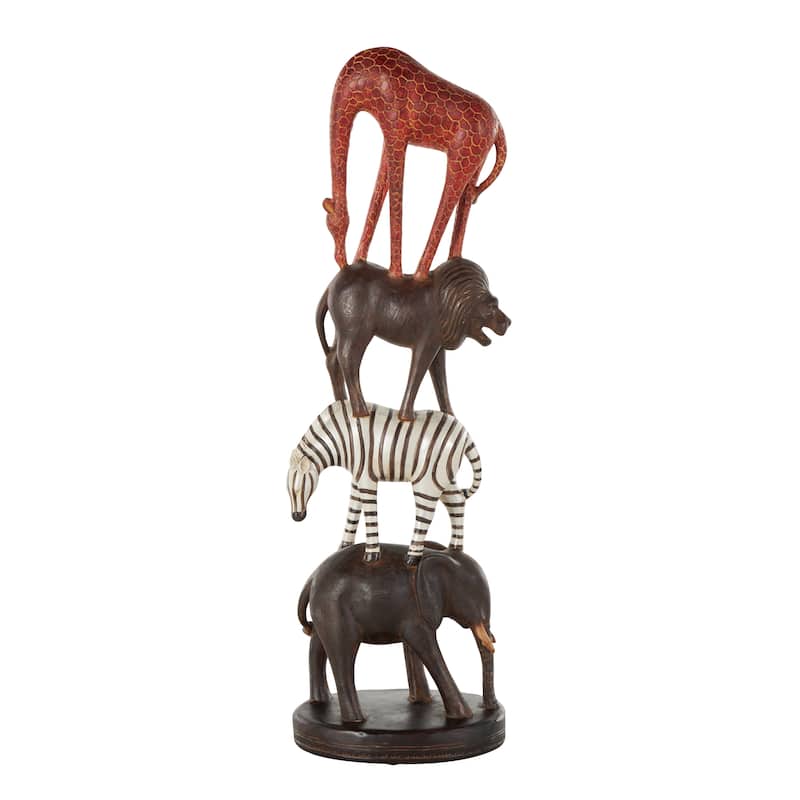 Black Polystone Stacked Safari Animals Decorative Sculpture with Round Base