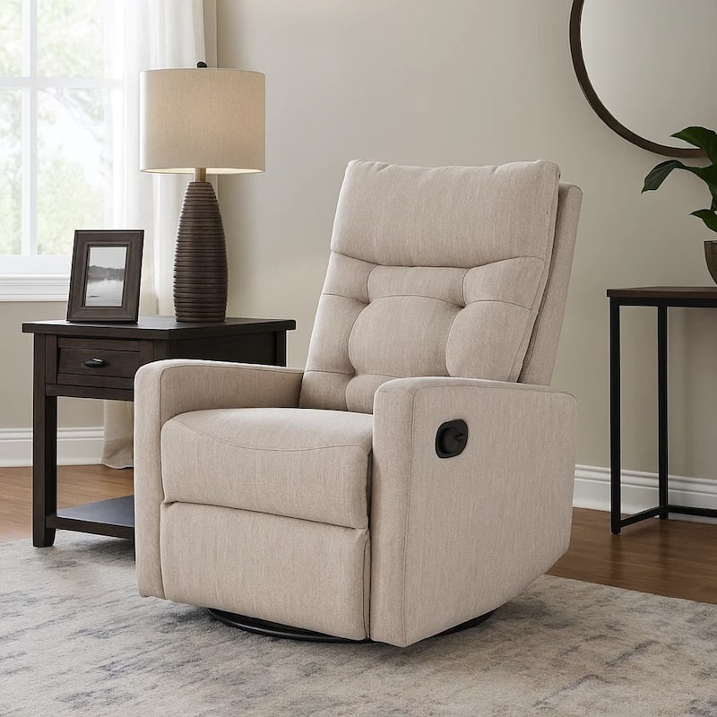 Manual Recliner Chair, Glider and Swivel Mechanism, Beige Fabric