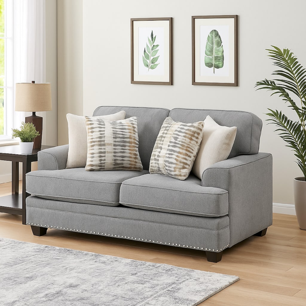 Brady Loveseat with 4 Pillows, Gray Chenille, Nailhead Trim, 66 Inch