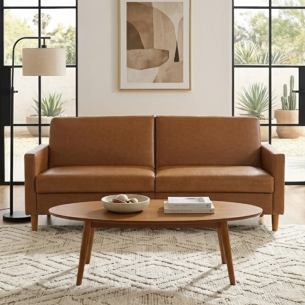 Benjara Mala Sleeper Sofa, Foam Padded, Camel Brown Faux Leather, Wood Frame