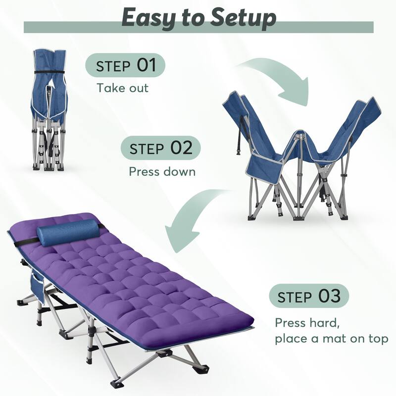 Folding Camping Cots with Removable Cotton Mattress, Purple+Blue Pad