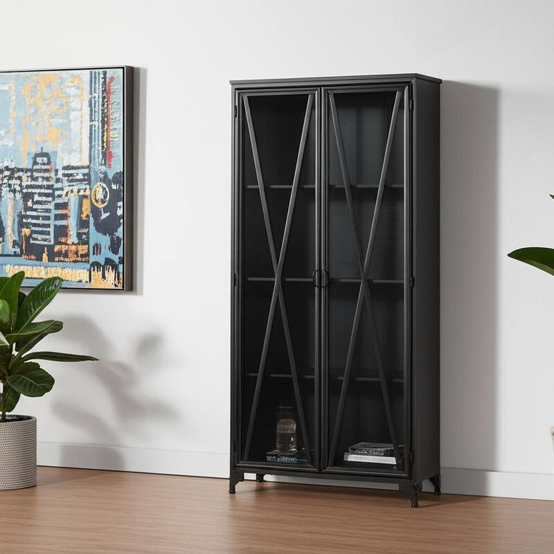 HomeRoots 38" Black Glass and Metal Display Cabinet With Two Doors - Black