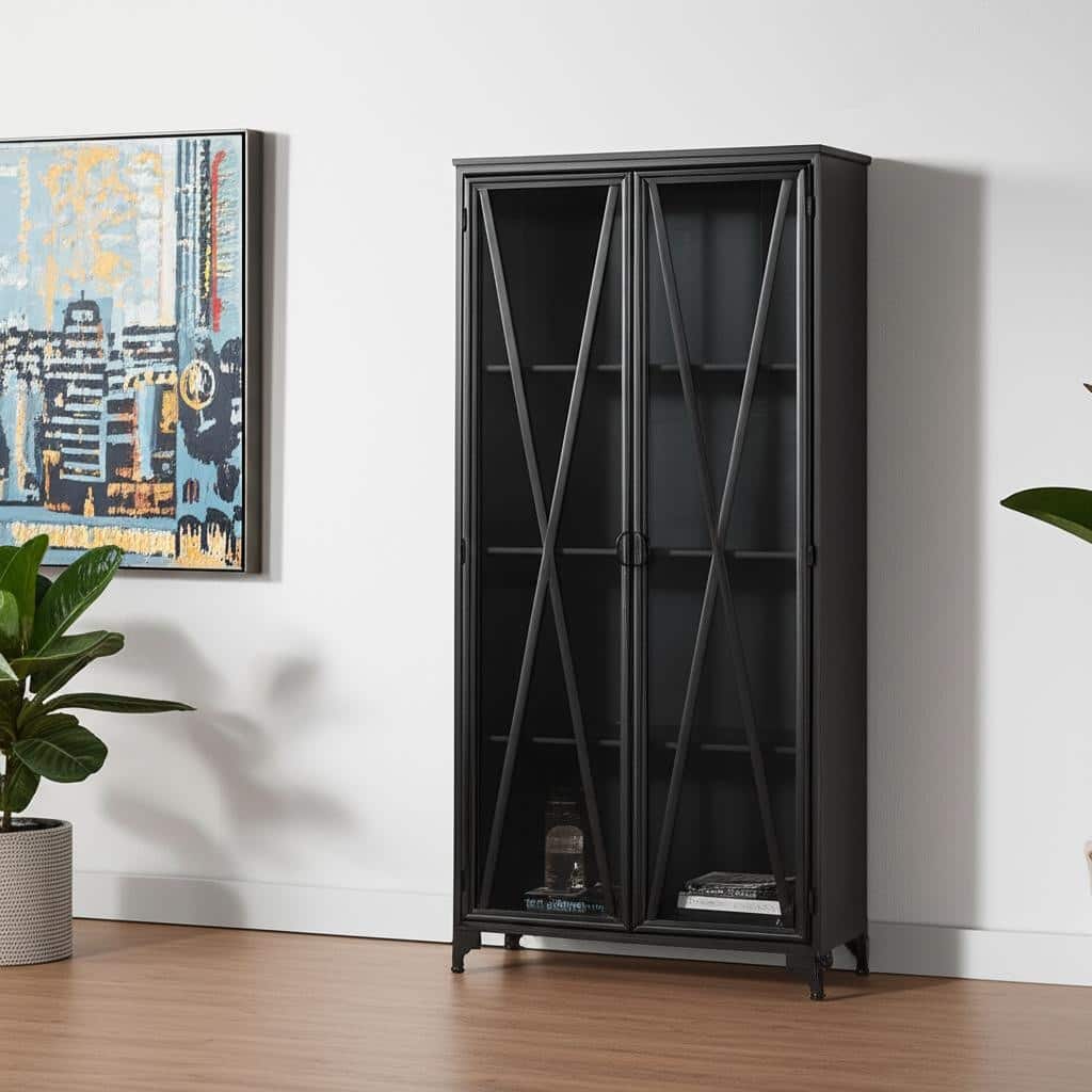 HomeRoots 38" Black Glass and Metal Display Cabinet With Two Doors