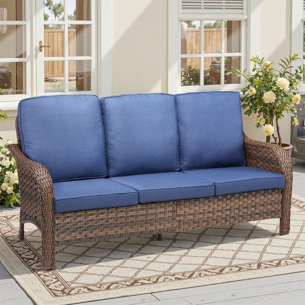 Cavira Brown Wicker Outdoor Patio 3-Seat Sofa with Olefin Cushions