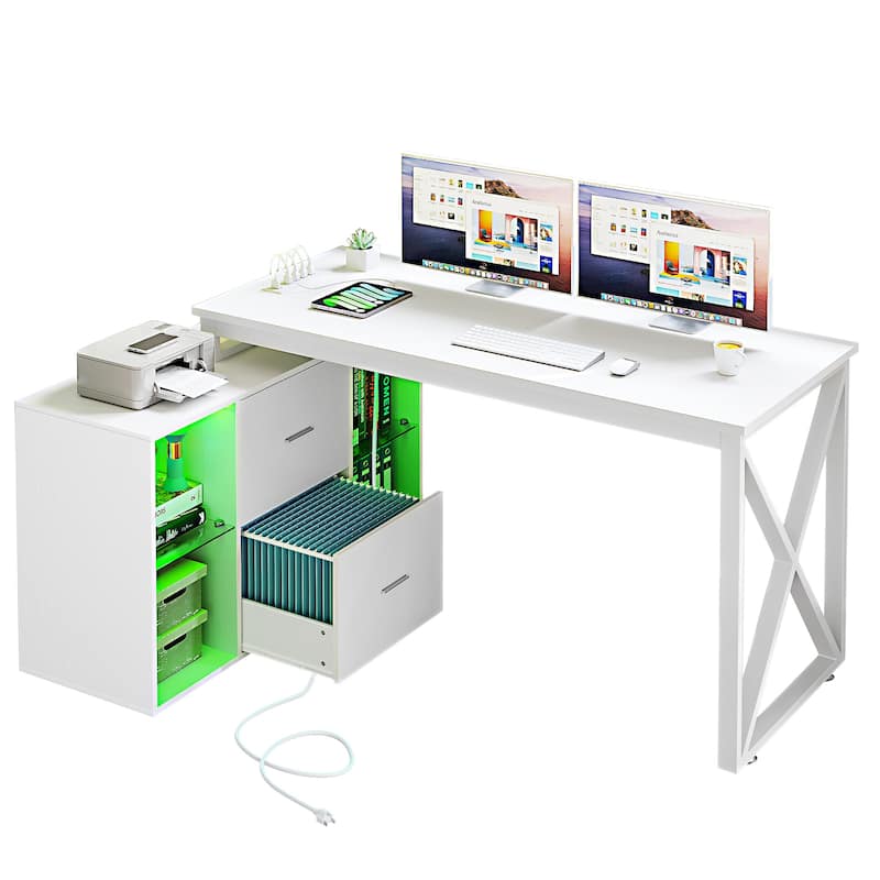 Moasis 55" Reversible L Shaped Gaming Desk with Power Outlets & LED Light Corner Computer Desk with Filing Cabinet