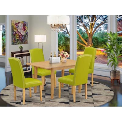 Dinette Set 5Pc Rectangle Table w/ Leaf & 4 Parsons Chairs - Oak Leg, Green PU Leather