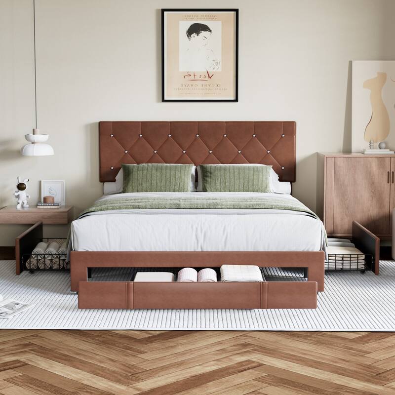 VECELO Bed Frame with Storage Drawers Leather Upholstered with Diamond Tufted Headboard Solid Wood Slat Support - Brown - Full