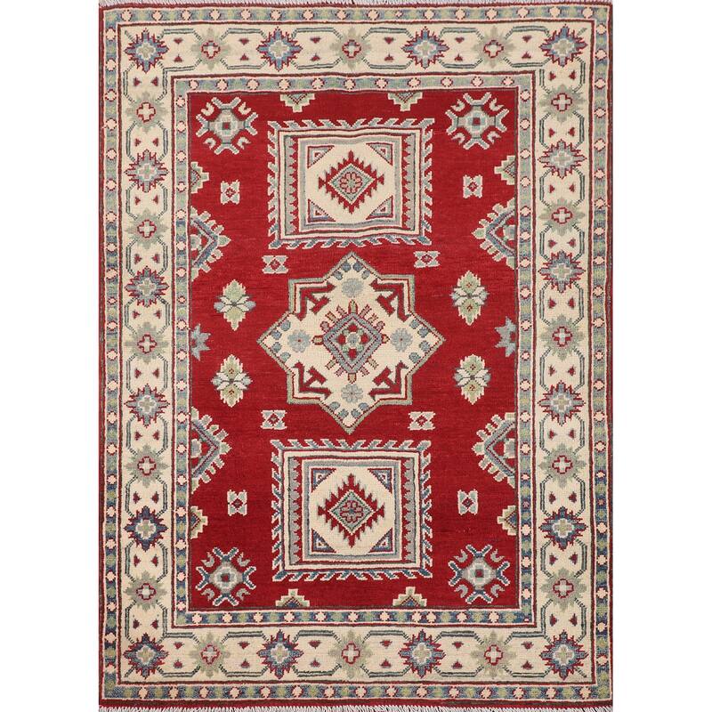 Red Geometric Kazak Foyer Rug Handmade Oriental Wool Carpet - 3'6" x 5'1"