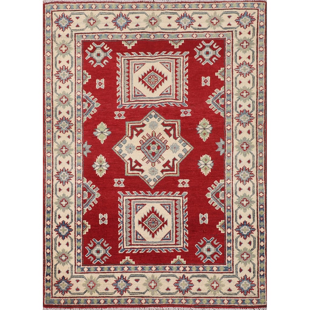 Red Geometric Kazak Foyer Rug Handmade Oriental Wool Carpet - 3'6" x 5'1"