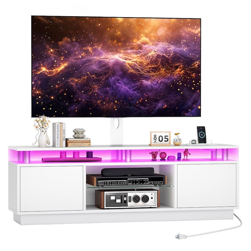LED TV Stand with Mount for 32 to 75 inch TVs Power Outlets White - 73 inches