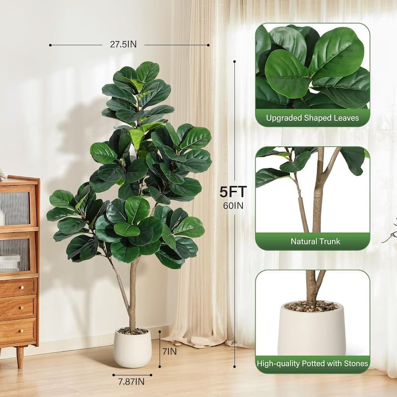 Artificial Fiddle Leaf Fig Tree with White Planter Pot for Home Decor