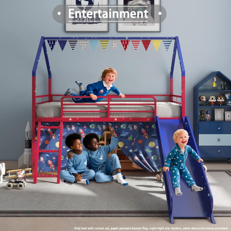 Superhero Themed Twin Loft Bed with Slide and Safety Features for Kids