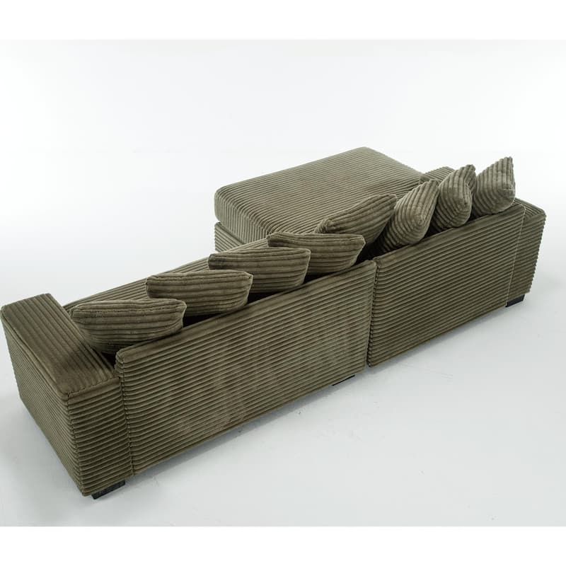Oversized Green Corduroy L Shaped Two-Piece Sofa with Armrests and Eight Throw Pillows