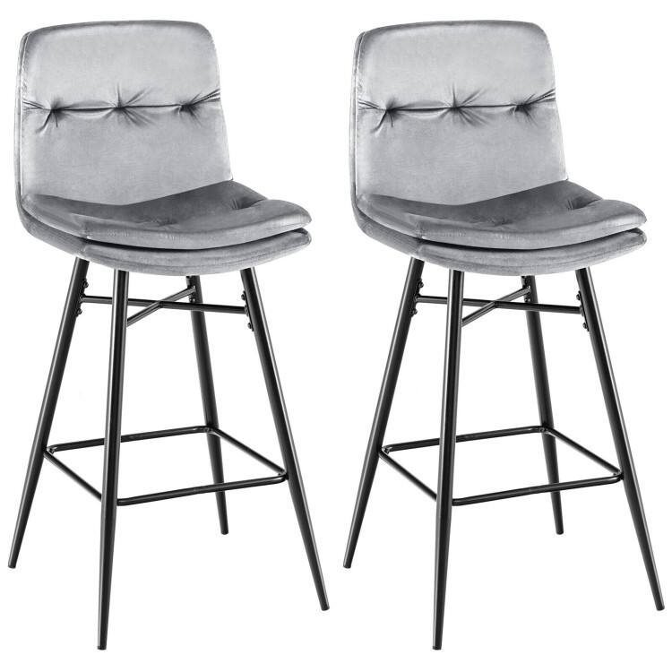 2 Pieces 29 Inch Velvet Bar Stools Set with Tufted Back and Footrests - 17.5" x 20" x 41" - Grey