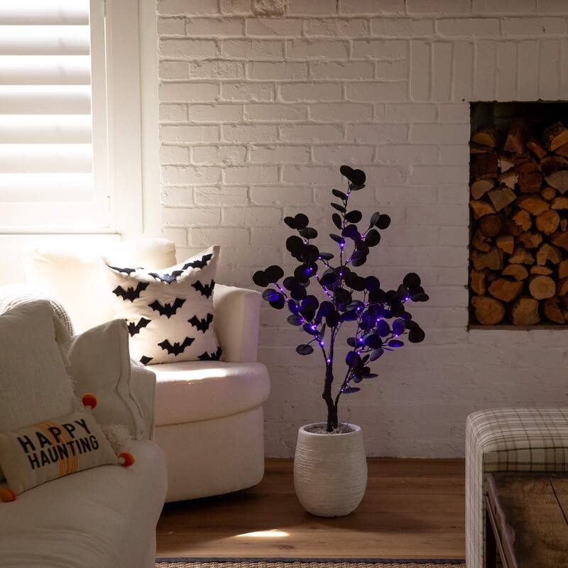 3-ft Pre-Lit Artificial Halloween Black Eucalyptus Tree