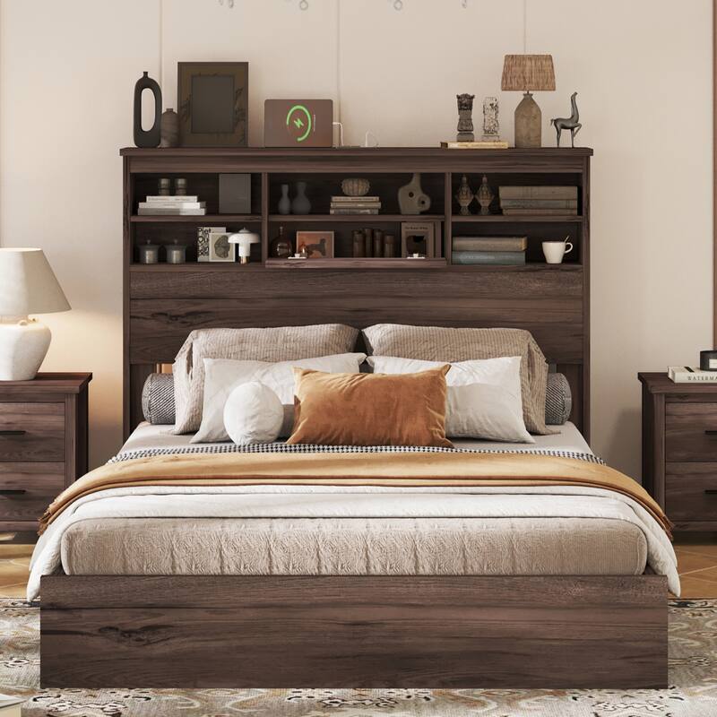 Wood Platform Bed Frame, 2 USB Ports & 2 Sockets on Storage Headboard Bookcase Bed, Panel Bed Bedroom
