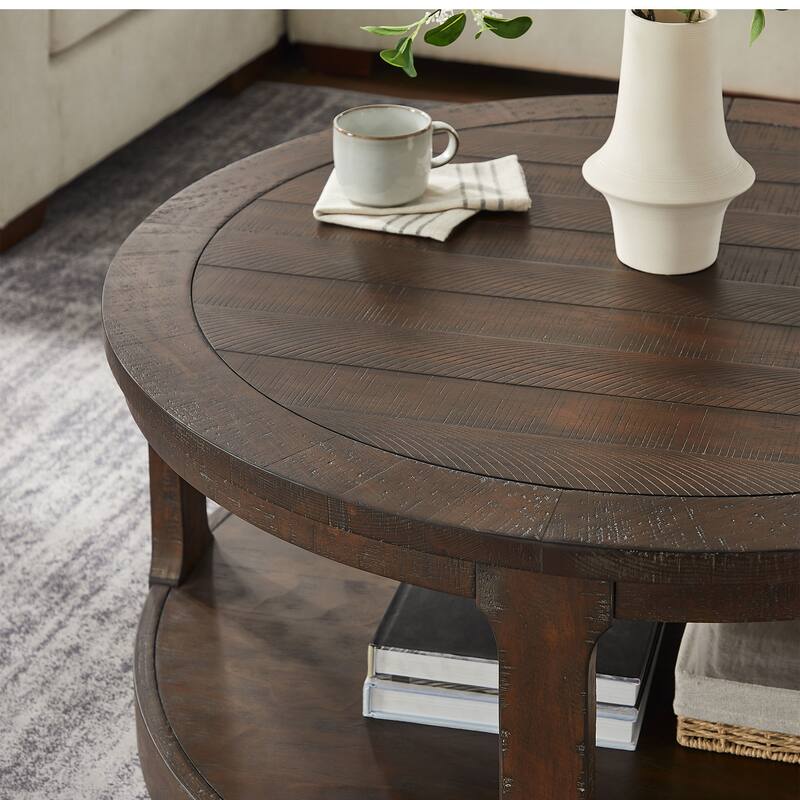 GDF Studio - Rustic Solid Wood 40" Two-Tier Round Coffee Table with Wheels