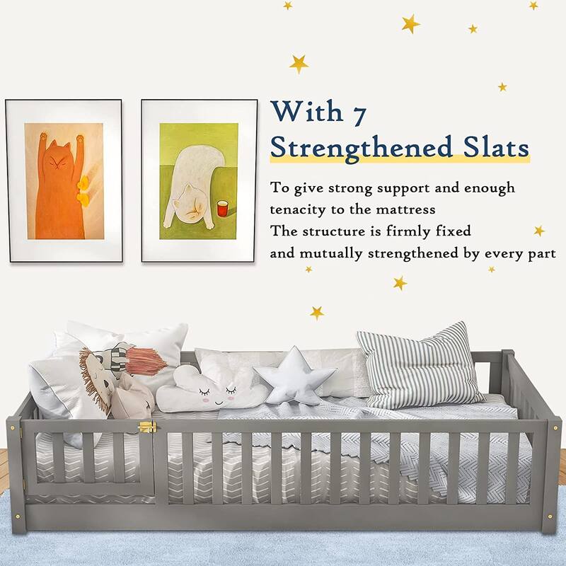 Twin/Full/Queen Size Floor Bed with Safety Guardrails, Toddler Floor Bed for Girls and Boys