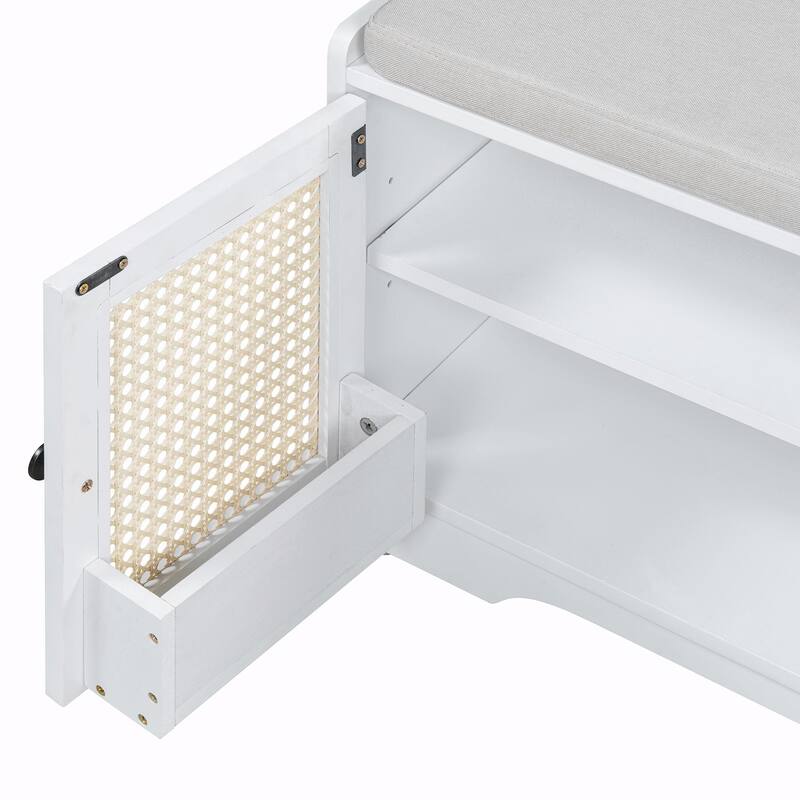 Rustic Storage Bench with Removable Cushion, Woven Rattan Doors & Adjustable Shelves