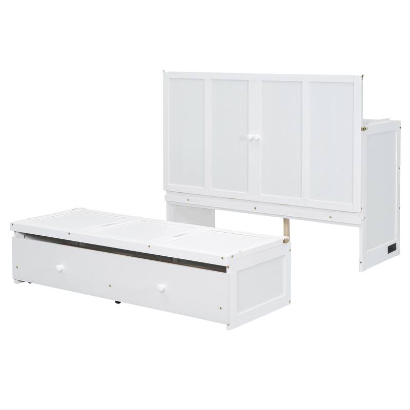 Full Size 2-in-1 Murphy Bed Cabinet with Space Saving Design with Built in USB/Power Outlets, Large Storage Drawer