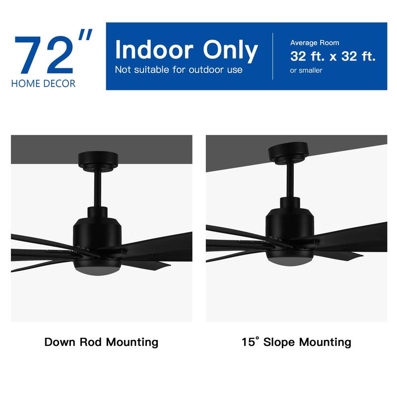 72 in. LED Indoor Matte Black Large Ceiling Fan with Light and Remote Control - 72 Inches