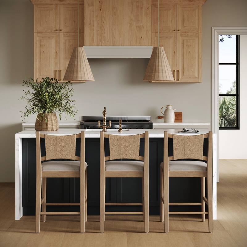 Elodia Boho Counter Height Bar Stool with Woven Seagrass Backrest and Solid Wood Frame - Set of 3