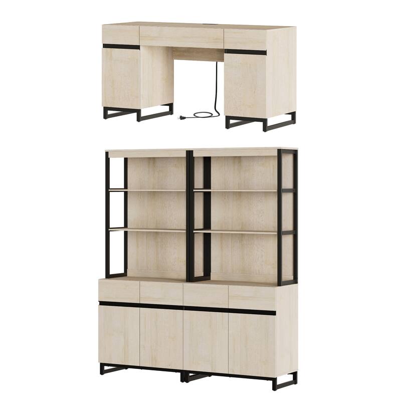 WAMPAT 59" Modern Executive Desk with Charging Station & Storage Cabinet + 72" Tall Bookcases.