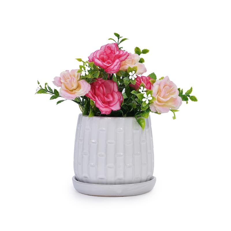 Set of 2 Handmade Ceramic Planters, Includes Saucers, Vertical Ribbed