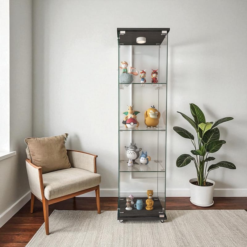 Glass Display Cabinet with Doors & Locks, Acrylic Shelves, Floor Standing Storage Showcase for Home or Office