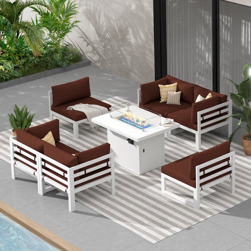 FINCATI Modern 7 Piece White Aluminum Outdoor Furniture Set with Propane/Natural Gas Firepit Table