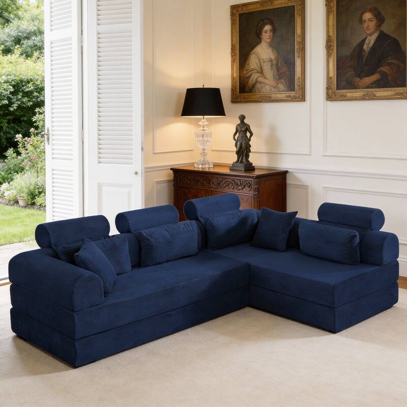 Oversized Convertible Sleeper Sofa Bed, L Shape Modular Sectional Cloud Sofa with Fixed-Shape Frame, Boneless Couch with Pillow - Blue