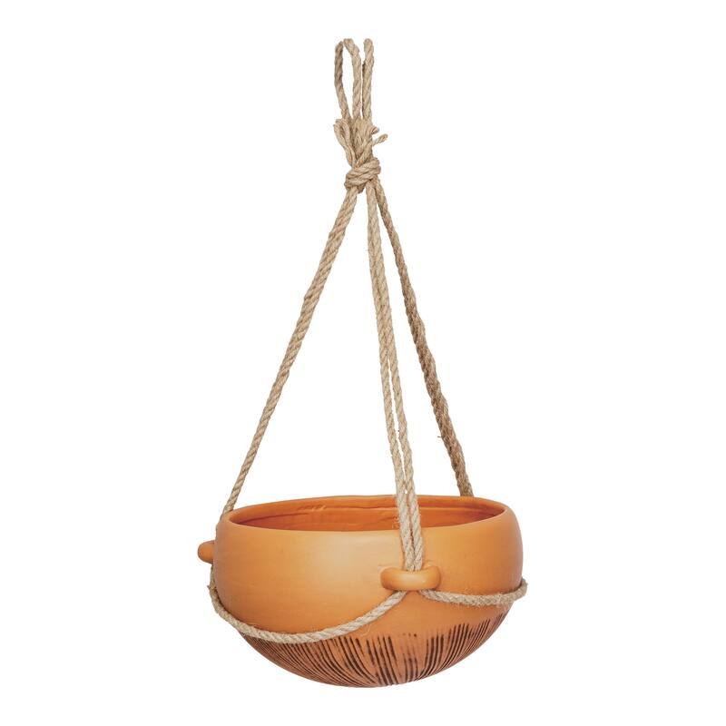 Hanging Stoneware Planter with Cotton Hanger - 9.7"L x 9.7"W x 5.1"H