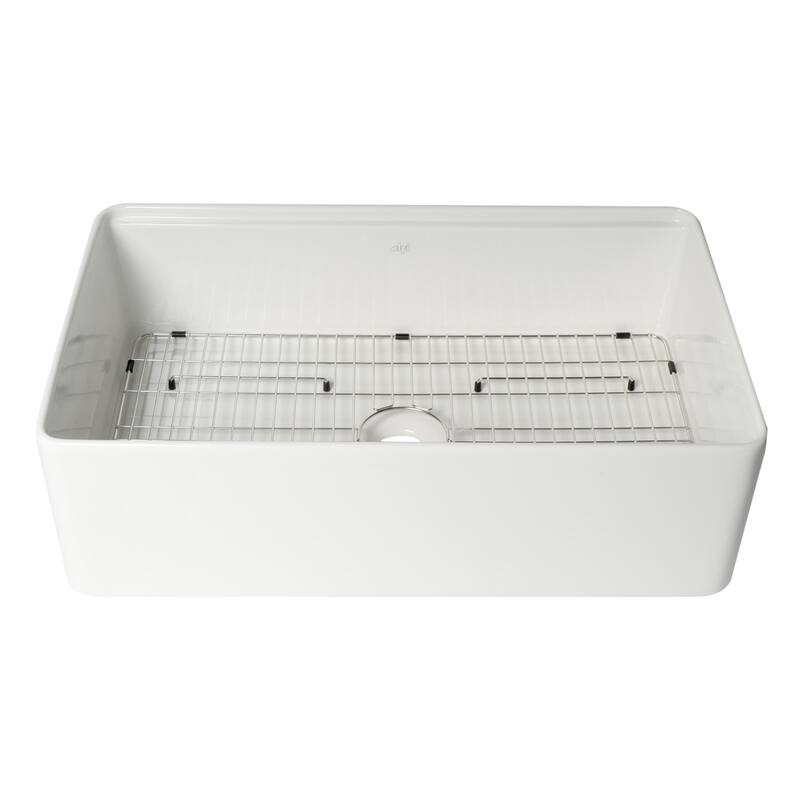 ALFI Brand White Smooth Apron Workstation 33" x 20" Single Bowl Step Rim Fireclay Farm Sink with Accessories