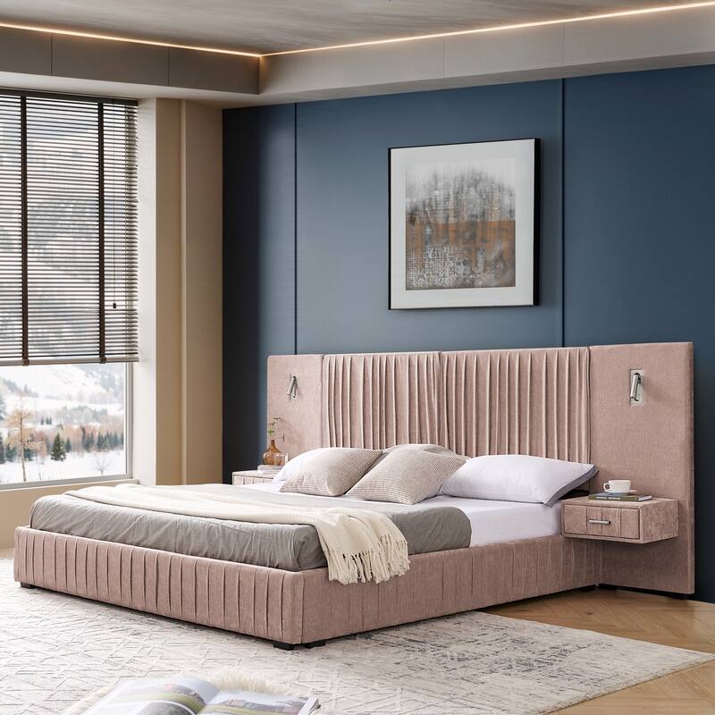 King Size Upholstered Platform Bed with Headboard, Adjustable Bedside Lamps & Integrated Nightstand - Pink Chenille Fabric