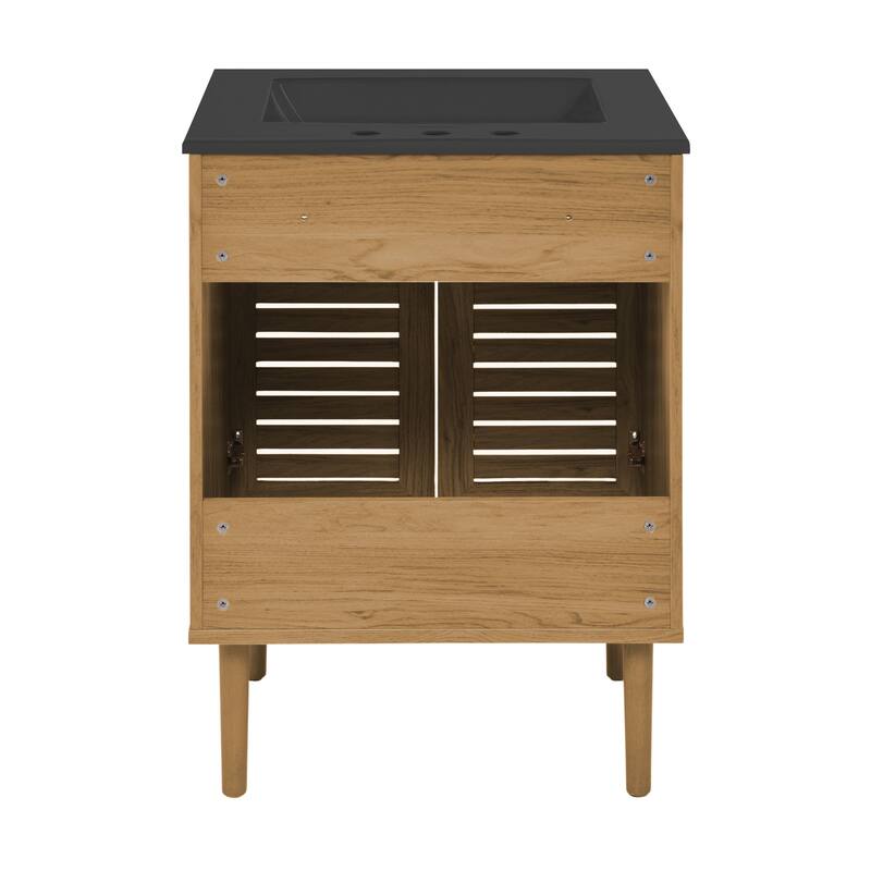 Bron 24 In. Brown Oak Bathroom Vanity With Black, 3-Hole Ceramic Sink Top