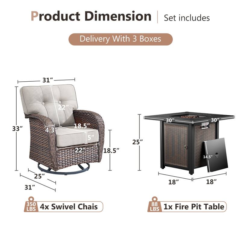 Pocassy Outdoor 30 In Fire Table with Sofa Patio Swivel Chair Set