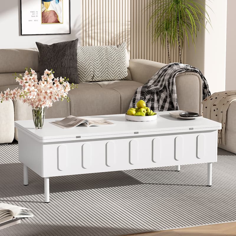 Roomfitters Lift-Top Coffee Table with 2 Drawers and Foldable Top, Hidden Storage Compartment, Adjustable Center Table - White