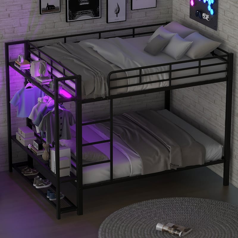Full Over Full Size Bunk Bed with Storage Mesh Shelves and Clothes Hooks, LED Light - Metal Bed Frame with Metal Slat Support - Black - Full