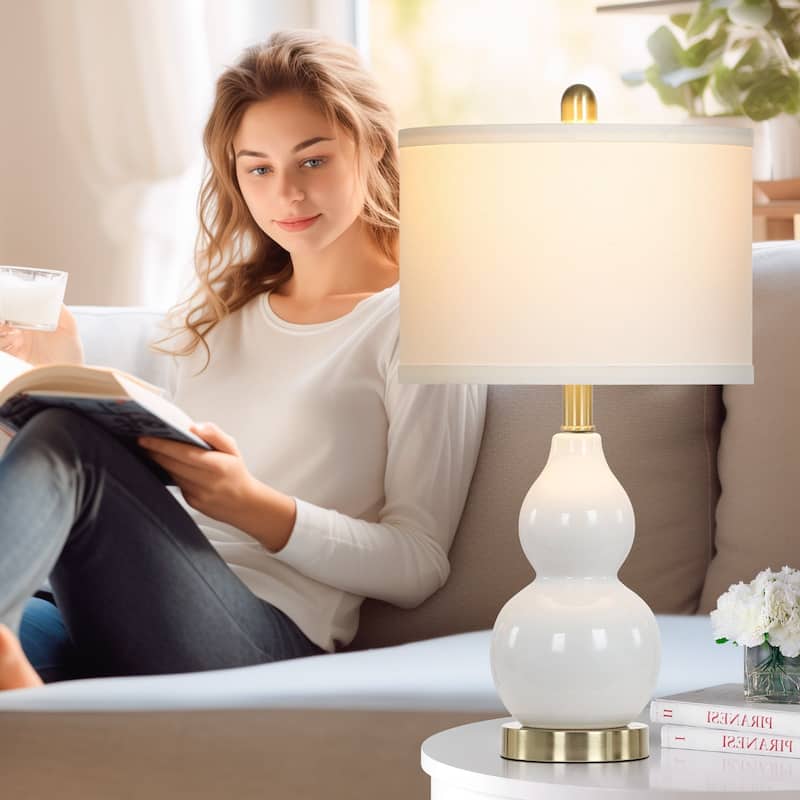 White Ceramic Table Lamps Gourd Lamp Body Drum Shade (Set of 2) - 11'' x 11'' x 22'' (L x W x H)