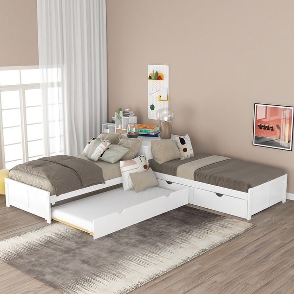 slide 2 of 33, Wooden Twin Size L-shaped Platform Bed with Trundle, Drawers Linked and Desk White