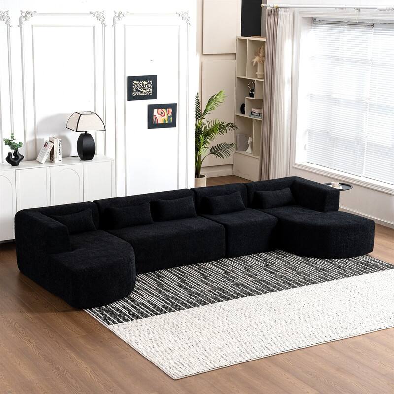 Convertible Sectional Sofa with 2 Curved Chaise Lounges, 143.7" Upholstered Sofa Free-combined Sofa Couch with 5 Back Pillows