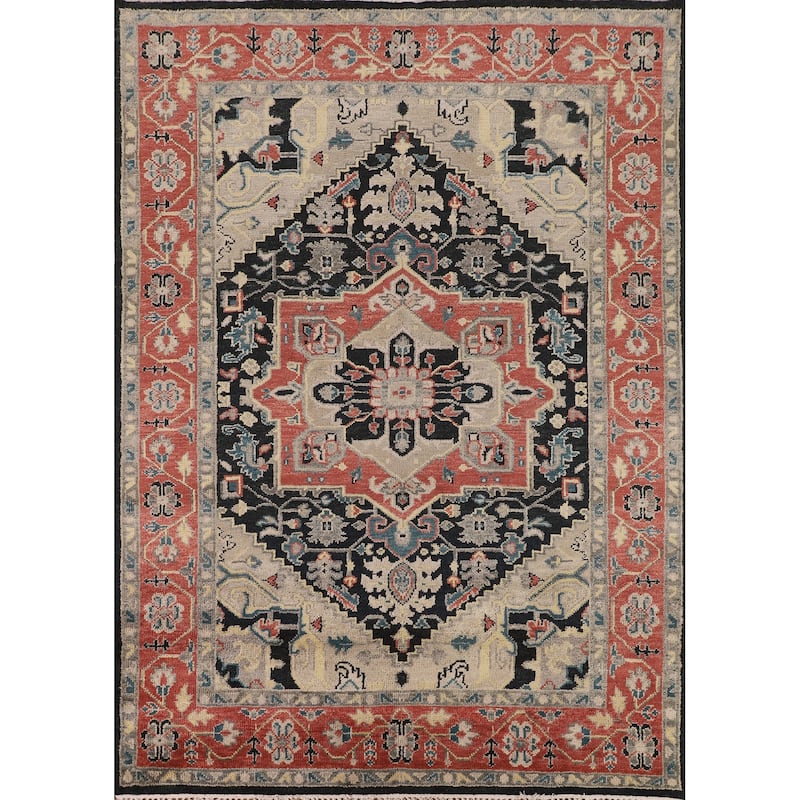 Black Geometric Heriz Serapi Indian Area Rug Hand-Knotted Wool Carpet - 7'11" x 9'9"