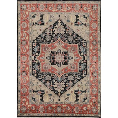 Black Geometric Heriz Serapi Indian Area Rug Hand-Knotted Wool Carpet - 7'11" x 9'9"