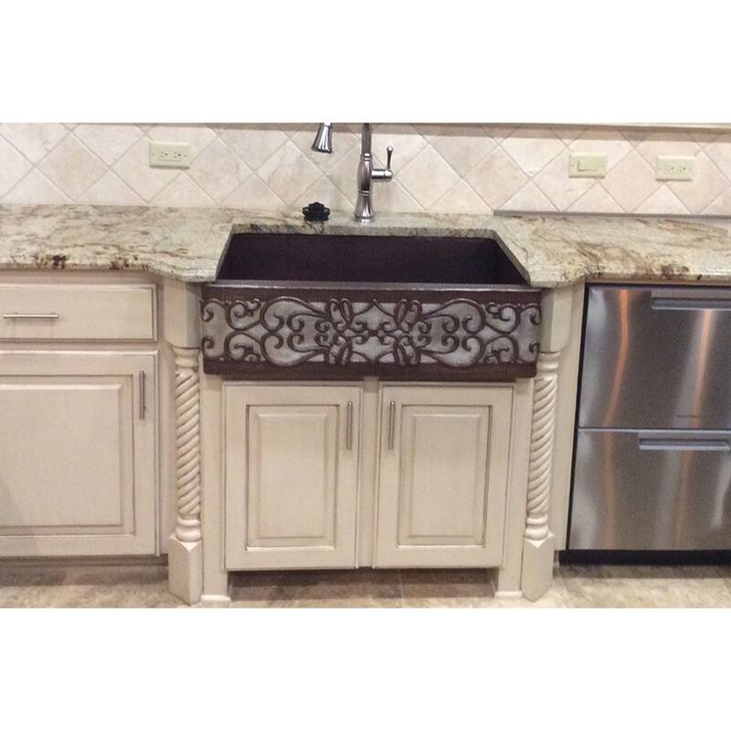 33-in Hammered Copper Apron Front Single Basin Kitchen Sink w/ Scroll Design and Nickel Background (KASDB33229S-NB)