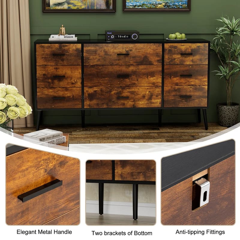 61" Wide 9-Drawer Dresser Rustic Brown Bedroom Chest of Drawers