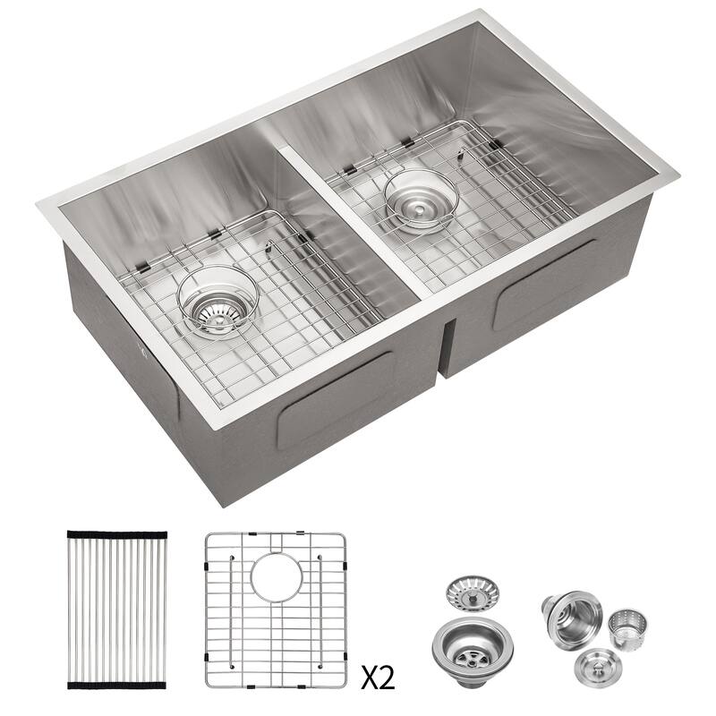 Undermount 16 Gauge Double Bowl Stainless Steel Kitchen Sink in Brushed Nickel