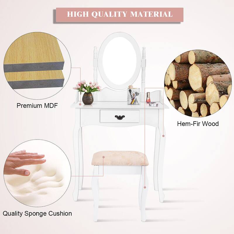 Gymax Vanity Wood Makeup Dressing Table Stool Set w/ Drawer & Mirror