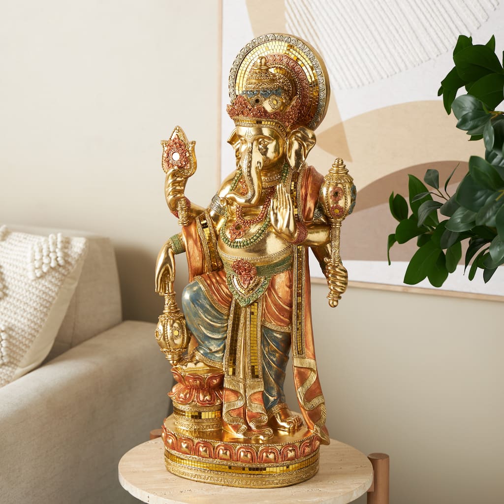 Gold Resin Ganesh Decorative Sculpture with Green, Blue, and Red Accents