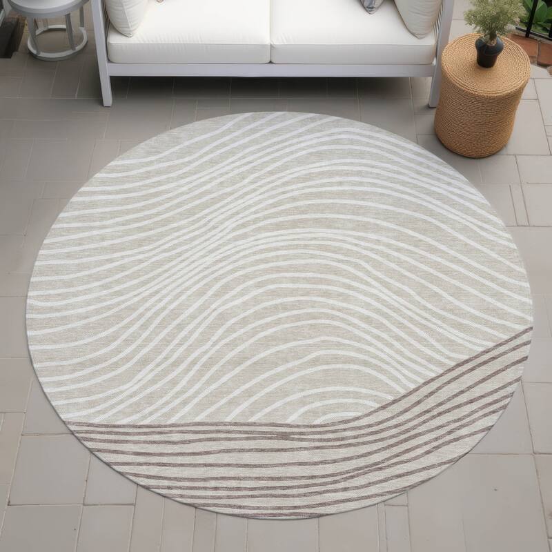 Machine Washable Indoor/ Outdoor Modern Arches Chantille Rug - Beige - 8' x 8'